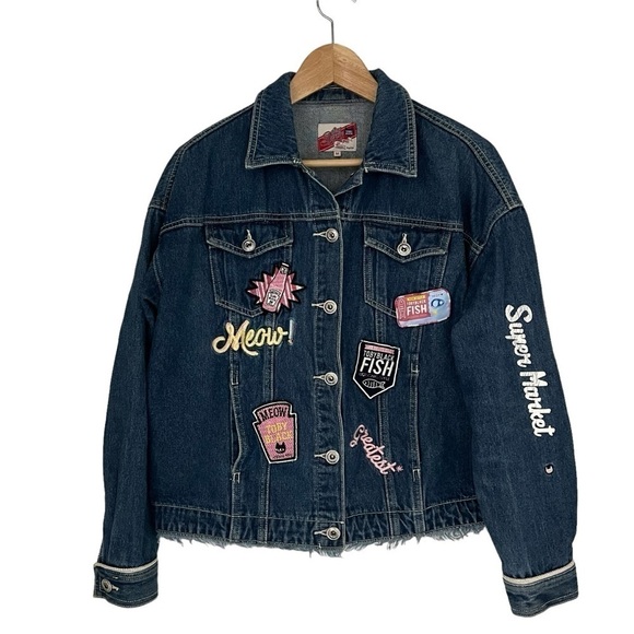 Toby Black Denim Jacket Womens M Patch Denim Trucker Jacket Meow Cat Fish - Picture 1 of 10